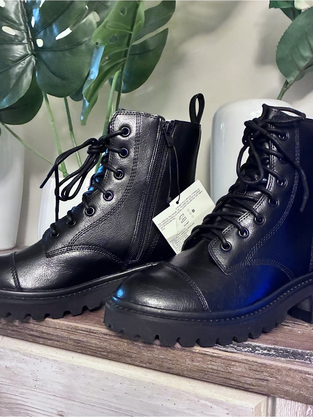 Woman’s Black Lace-Up Moto Combat Boots with Side Zipper